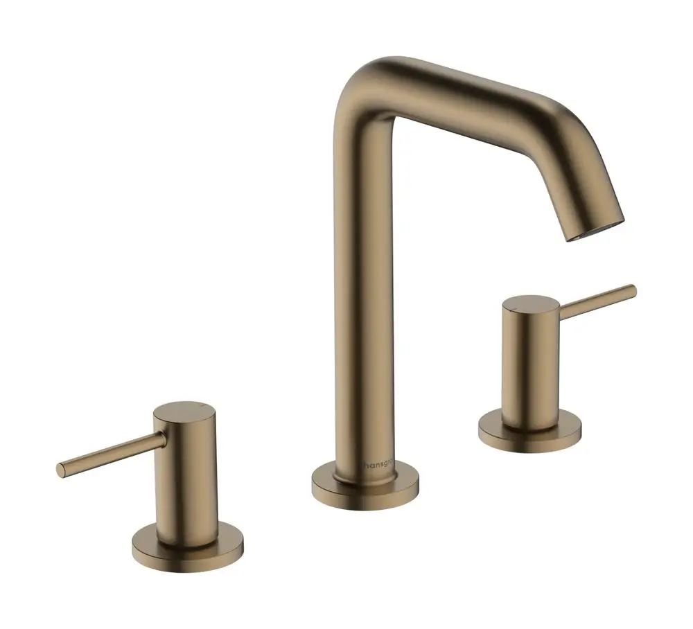 Waschtischarmatur mit drei Teilen in Brushed Bronze von Hansgrohe. Die Armatur hat einen hohen Wasserhahn und zwei Steuerhebel zur Temperaturanpassung.